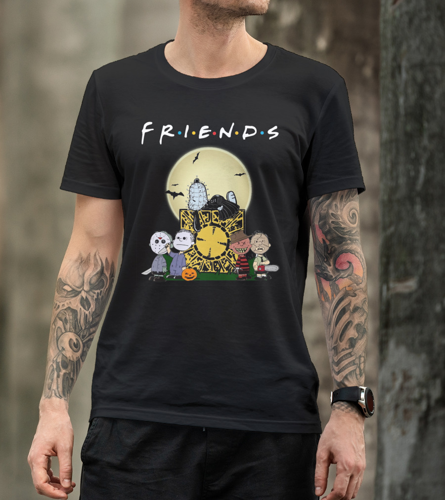 Friends Peanuts Horror Movie Characters Crossover Featuring Iconic Monsters And Symbols T-Shirt