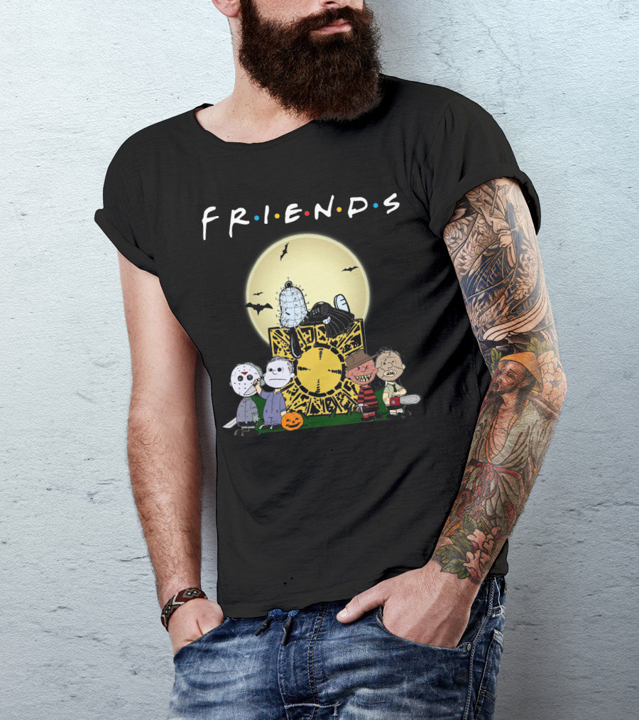 Friends Peanuts Horror Movie Characters Crossover Featuring Iconic Monsters And Symbols T-Shirt