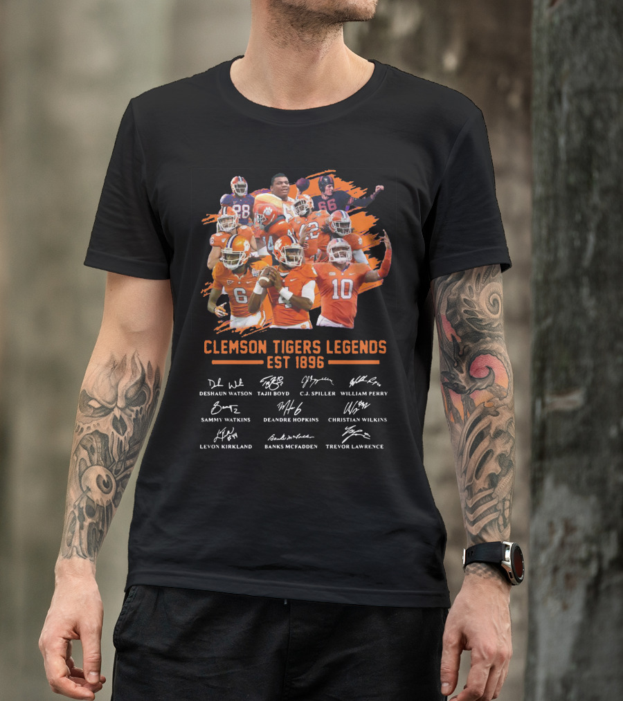 Clemson Tigers Legends Est 1896 Deshaun Watson Tajh Boyd C.J. Spiller William Perry Sammy Watkins Deandre Hopkins Christian Wilkins Levon Kirkland Banks McFadden Trevor Lawrence T-Shirt