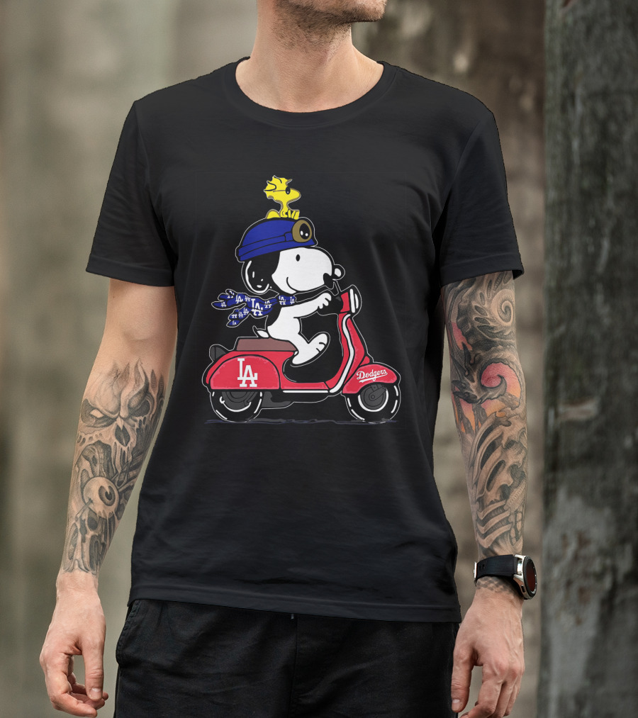 Snoopy Riding Vespa Los Angeles Dodgers Mascot With Woodstock T-Shirt