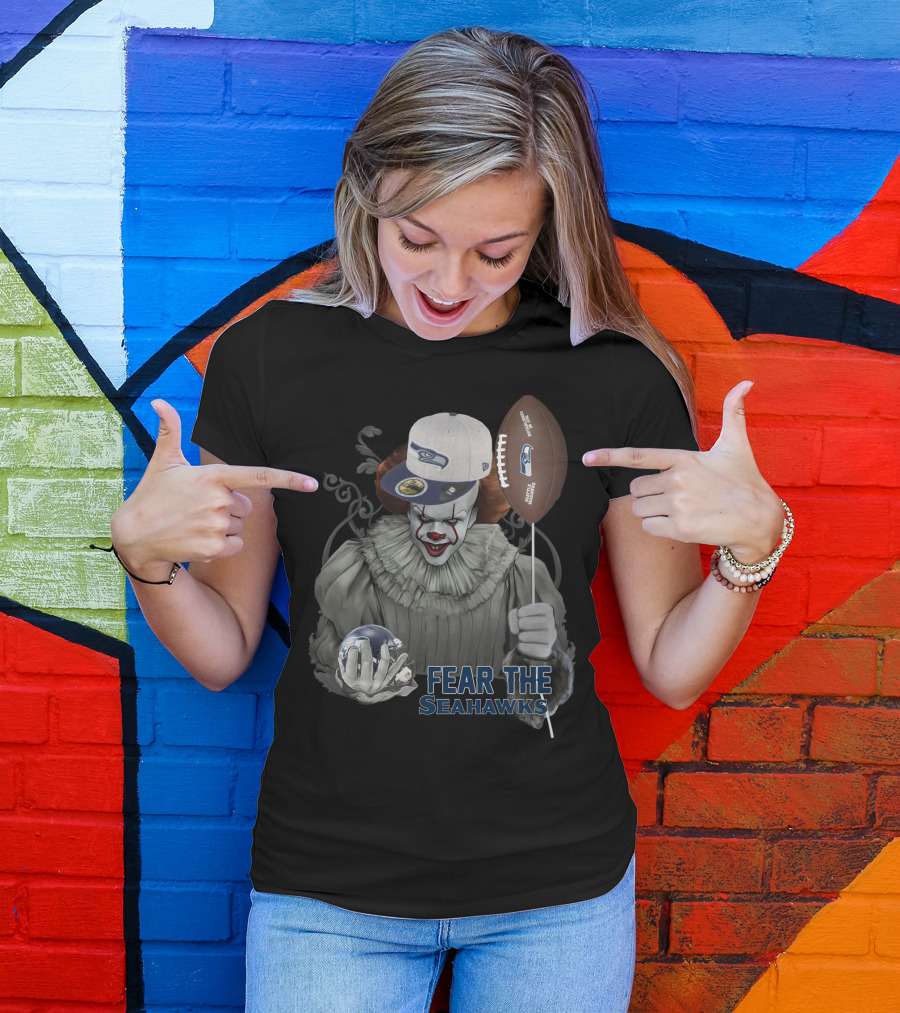 Pennywise Holding Seattle Seahawks Football And Wearing Seahawks Cap T-Shirt
