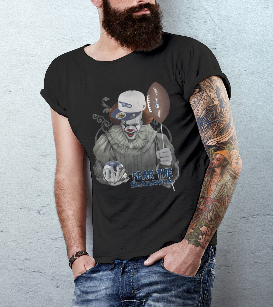 Pennywise Holding Seattle Seahawks Football And Wearing Seahawks Cap T-Shirt