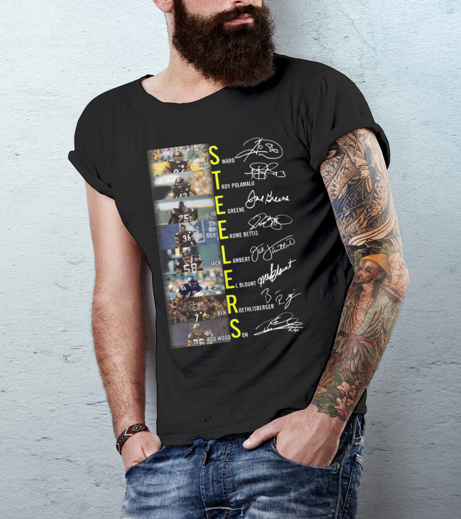 Steelers Hines Ward Troy Polamalu Joe Greene Jerome Bettis Jack Lambert Mel Blount Ben Roethlisberger Rod Woodson T-Shirt