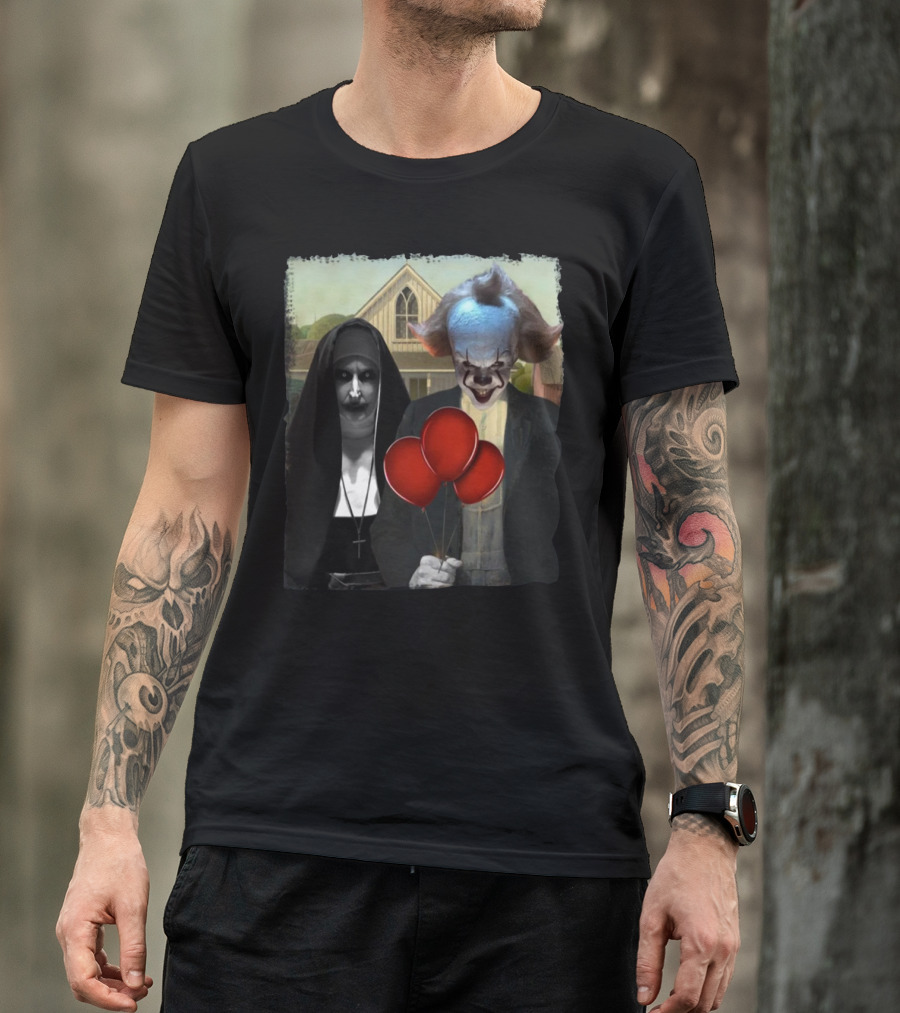 Pennywise And Valak American Gothic Parody With Red Balloons T-Shirt