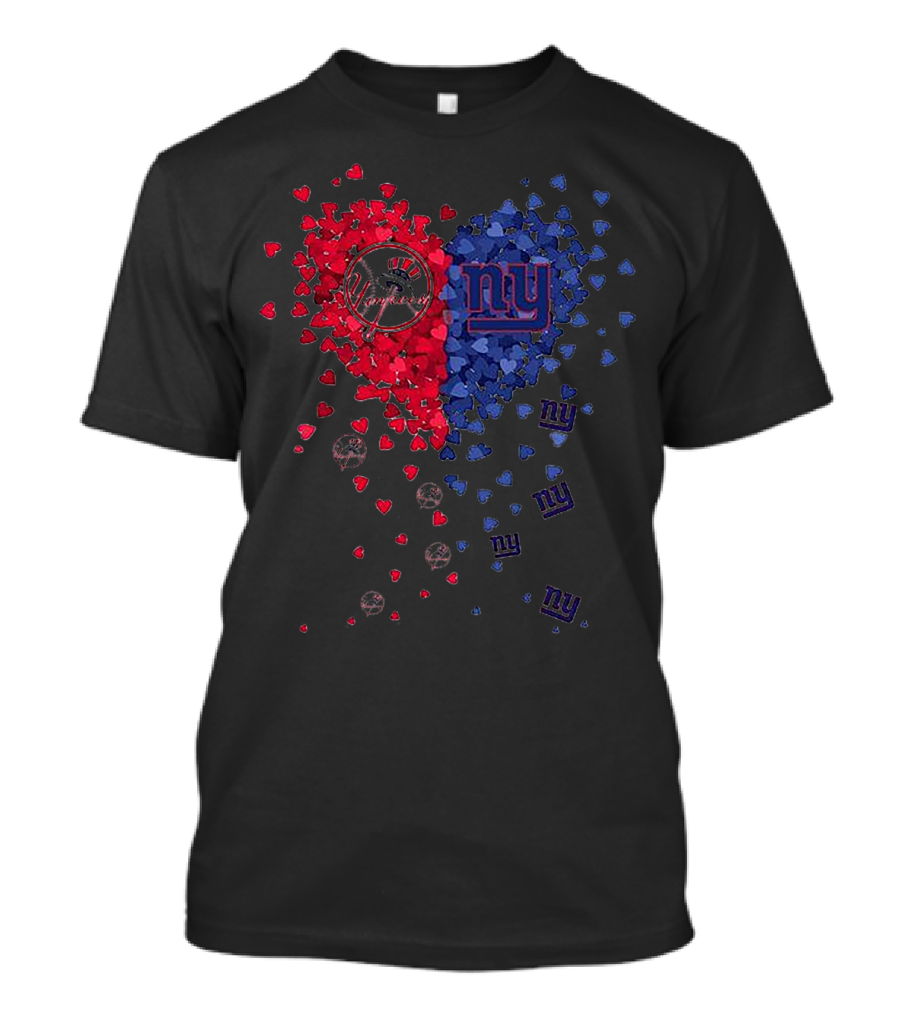 New York Yankees Giants Heart Shaped Logos With Red And Blue Hearts T-Shirt