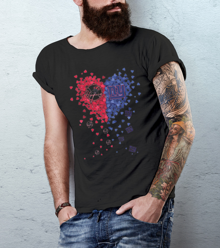 New York Yankees Giants Heart Shaped Logos With Red And Blue Hearts T-Shirt
