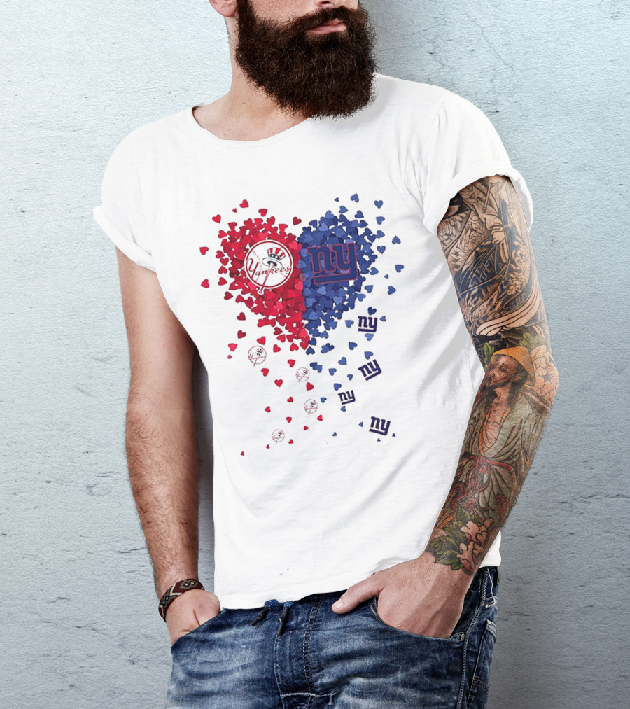 New York Yankees Giants Heart Shaped Logos With Red And Blue Hearts T-Shirt