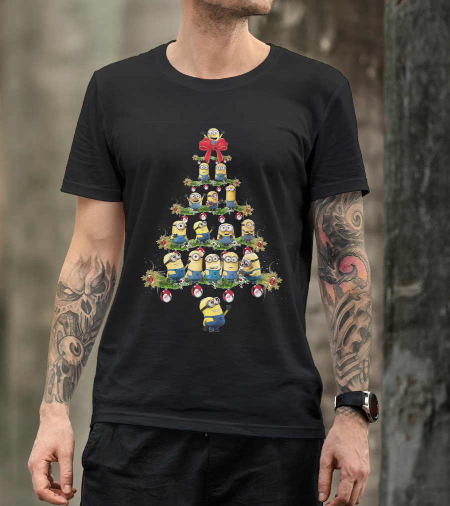 Minions In A Christmas Tree Formation With Festive Decorations T-Shirt