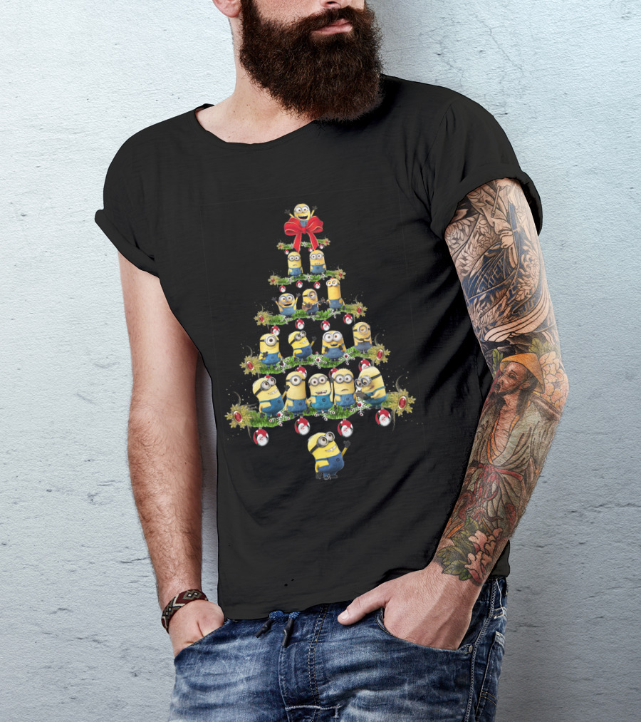 Minions In A Christmas Tree Formation With Festive Decorations T-Shirt