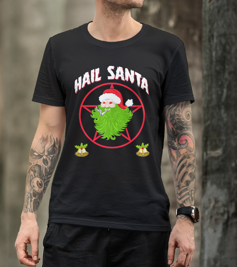 Hail Santa Pentagram Smoking Holly Bells T-Shirt