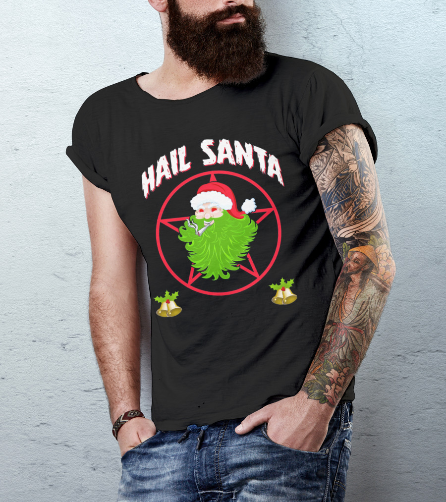 Hail Santa Pentagram Smoking Holly Bells T-Shirt