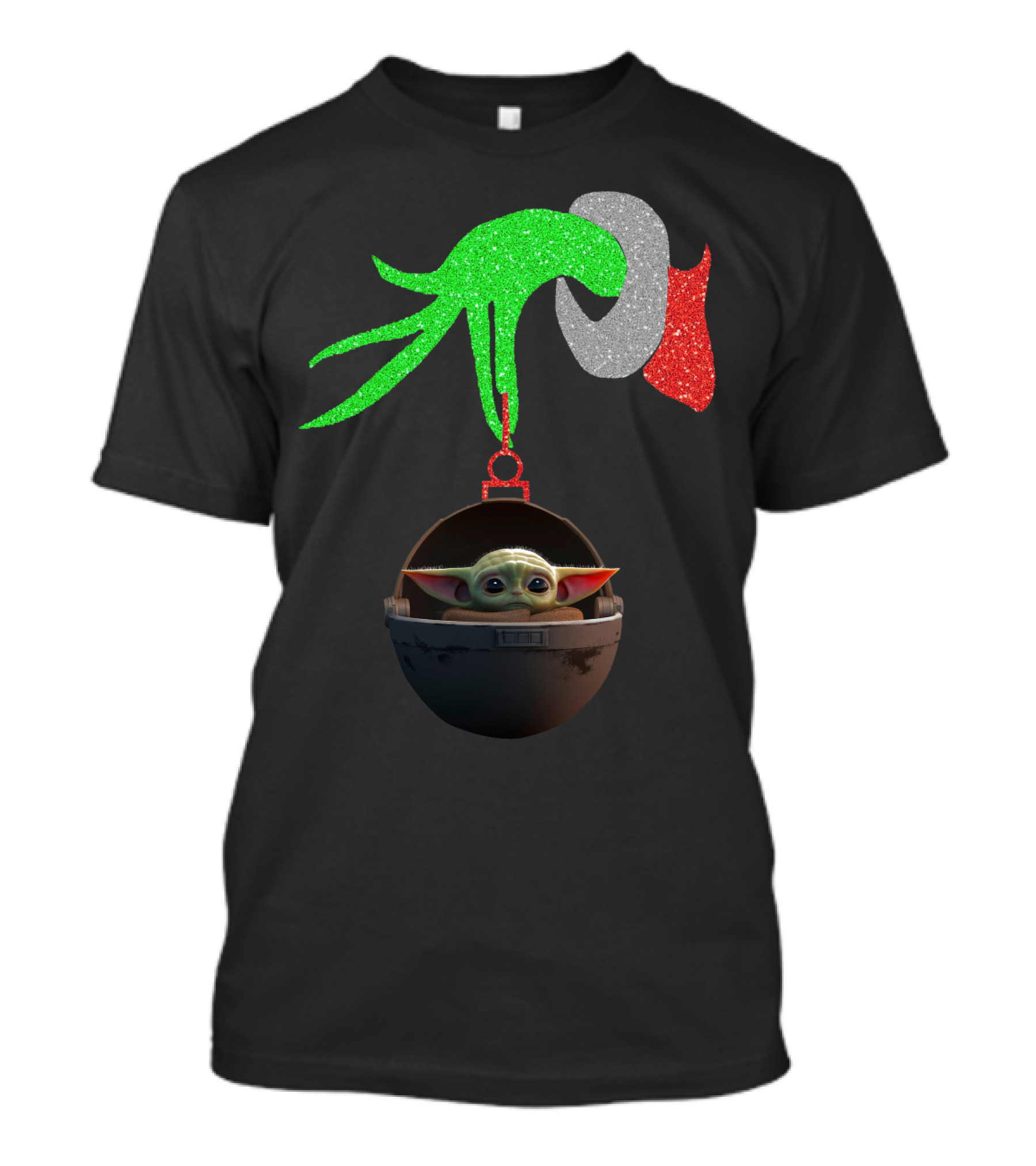 Grinch Hand Glitter Holding Baby Yoda T-Shirt