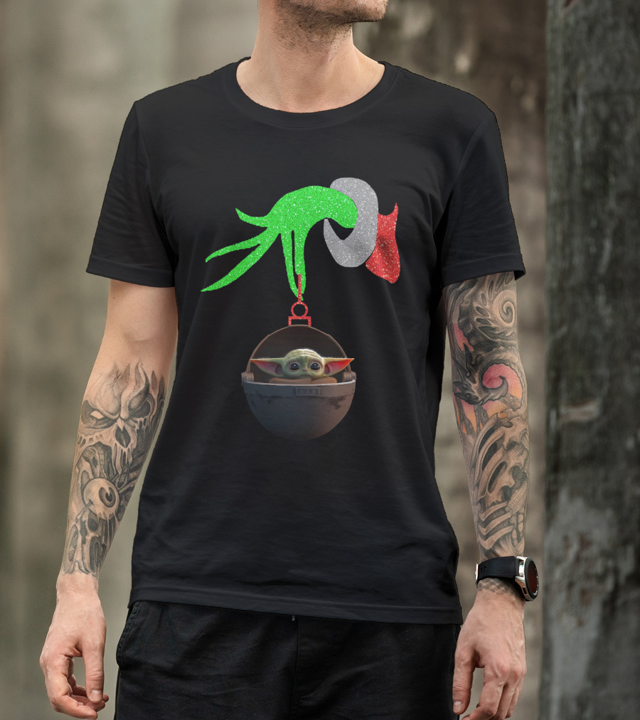 Grinch Hand Glitter Holding Baby Yoda T-Shirt