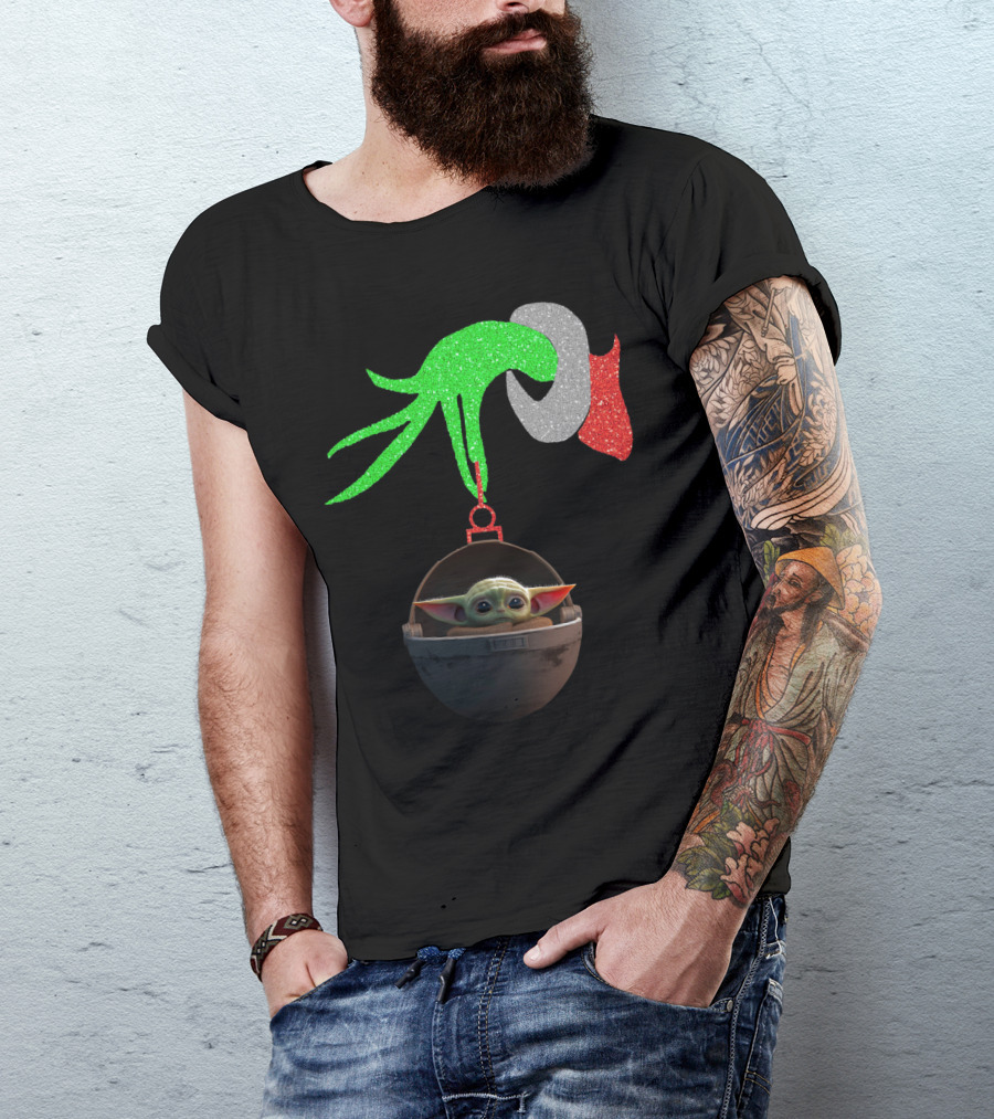 Grinch Hand Glitter Holding Baby Yoda T-Shirt