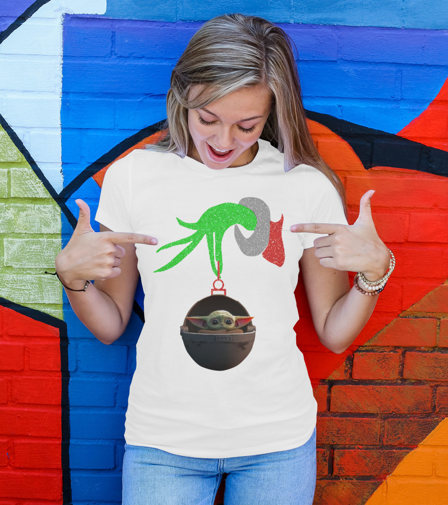 Grinch Hand Glitter Holding Baby Yoda T-Shirt