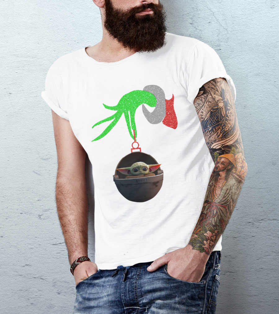 Grinch Hand Glitter Holding Baby Yoda T-Shirt