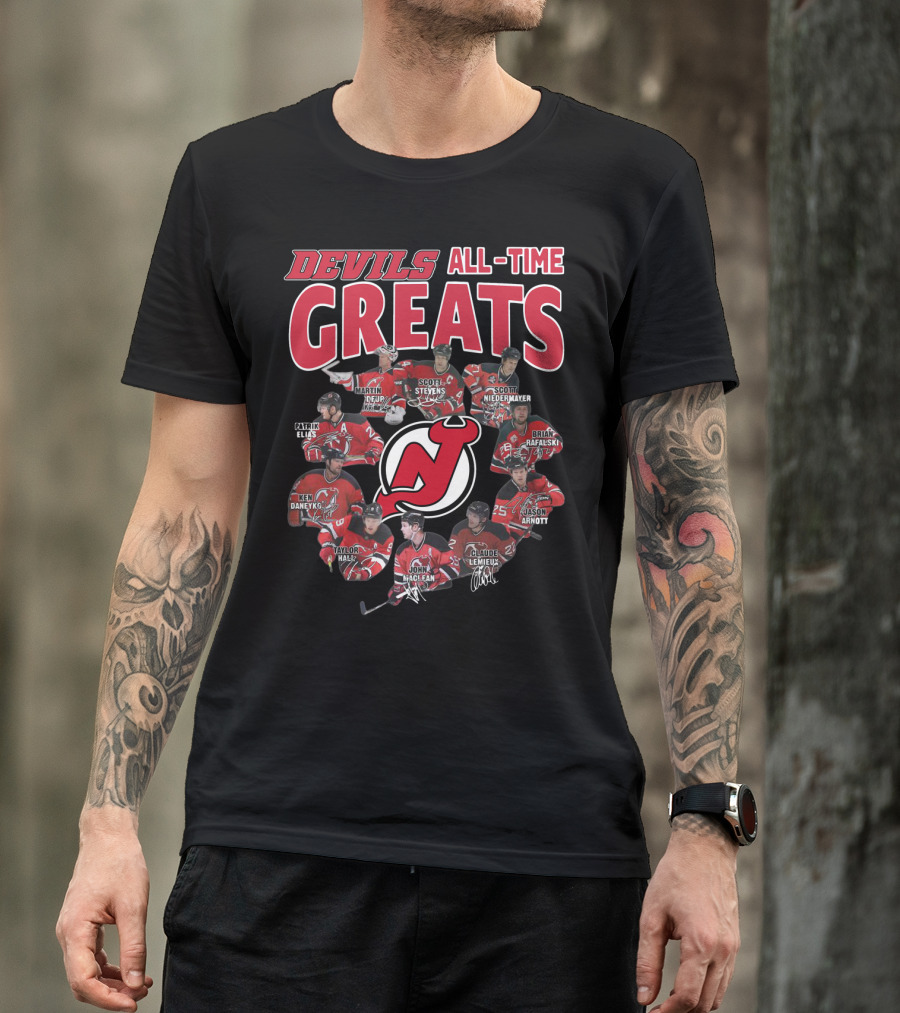 New Jersey Devils All-Time Greats Martin Brodeur Scott Stevens Scott Niedermayer Patrik Elias Ken Daneyko Brian Rafalski Taylor Hall John MacLean Claude Lemieux Jason Arnott T-Shirt