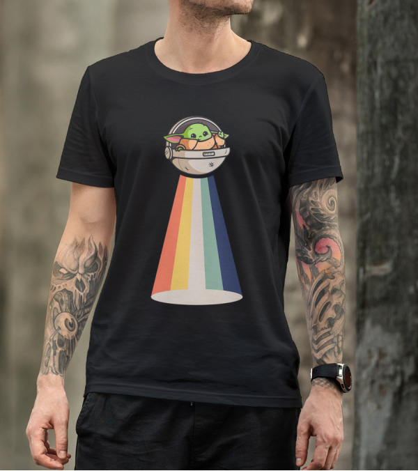 Baby Yoda Spaceship Rainbow Glow T-Shirt