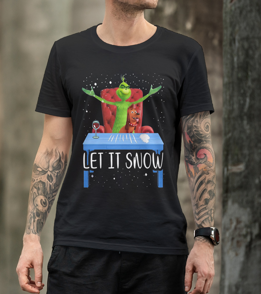 Let It Snow Grinch And Max At Table With Wine And Snowflakes T-Shirt