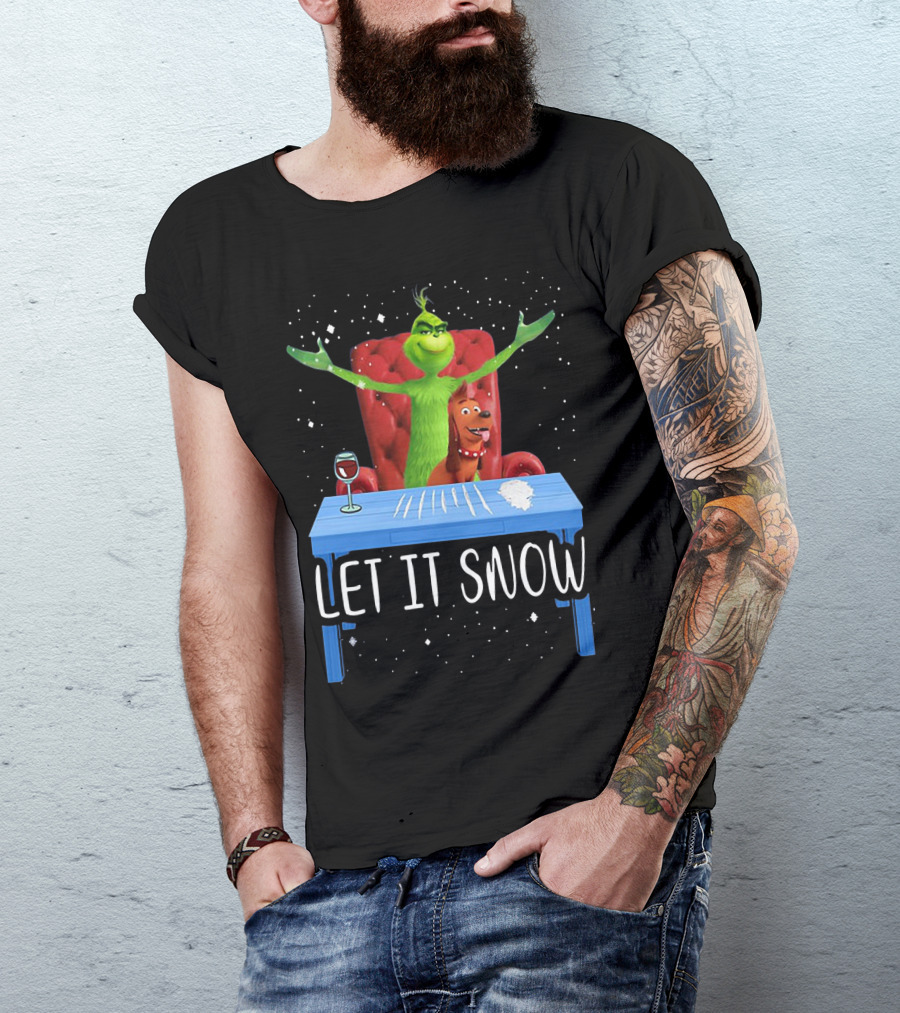 Let It Snow Grinch And Max At Table With Wine And Snowflakes T-Shirt