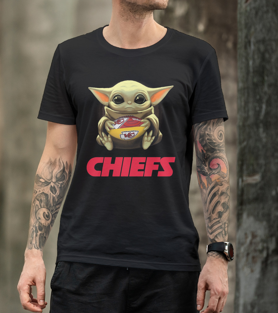 Baby Yoda Hugging Kansas City Chiefs Football T-Shirt