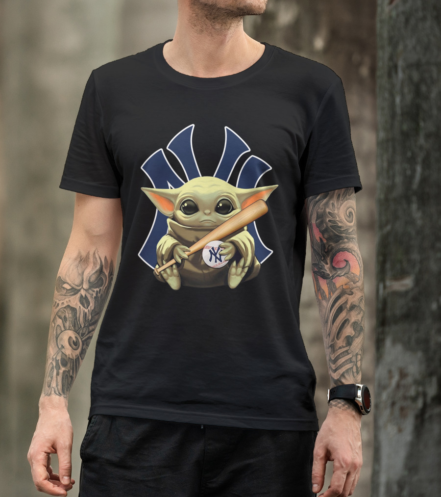 Baby Yoda Holding Baseball And Bat With New York Yankees T-Shirt
