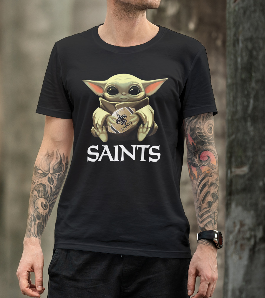 Baby Yoda Holding New Orleans Saints Football T-Shirt