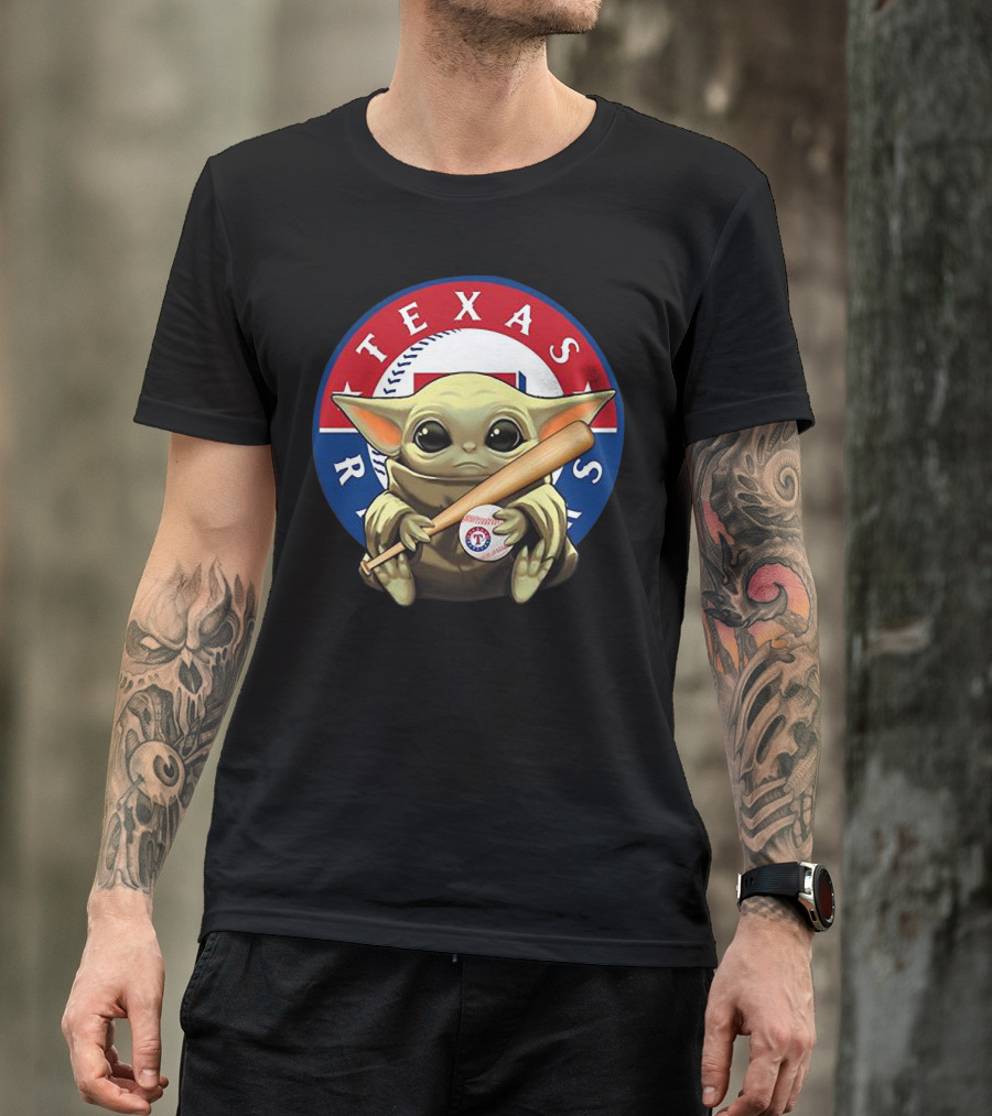 Baby Yoda Texas Rangers Baseball Fan With Bat And Ball T-Shirt