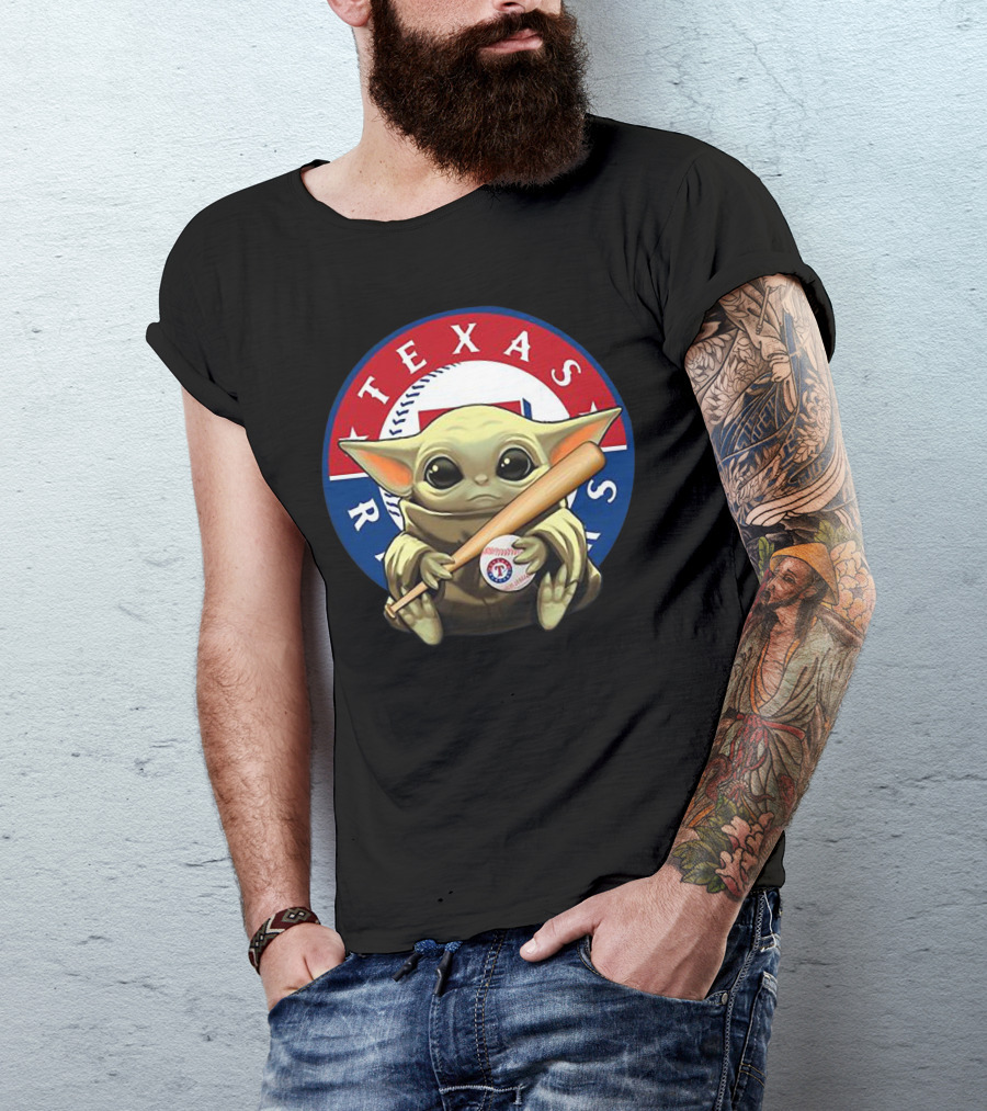 Baby Yoda Texas Rangers Baseball Fan With Bat And Ball T-Shirt