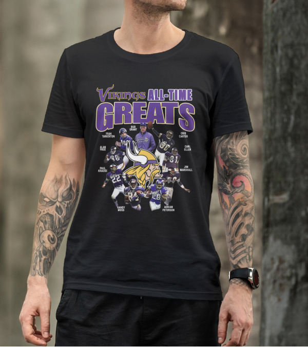 Vikings All-Time Greats Fran Tarkenton Bud Grant Cris Carter Alan Page Paul Krause Randy Moss Adrian Peterson Carl Eller Jim Marshall T-Shirt