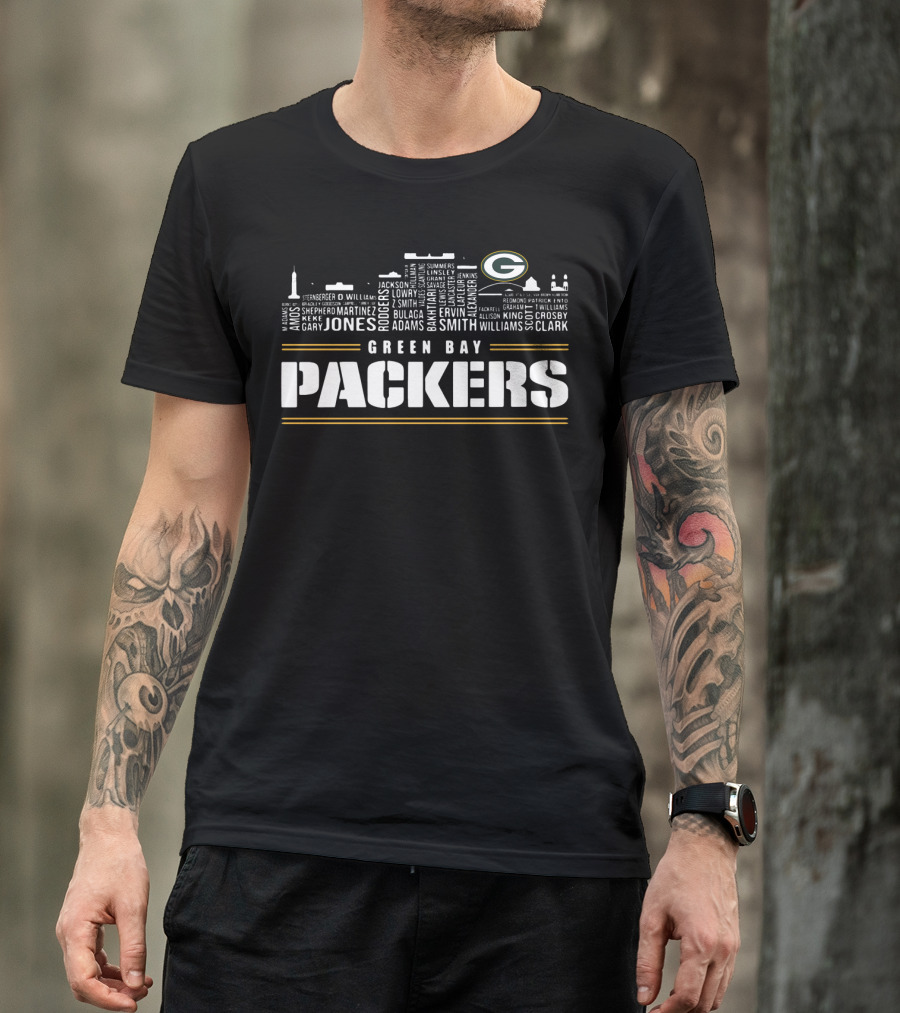 Green Bay Packers City Skyline Logo Jones Adams Clark T-Shirt