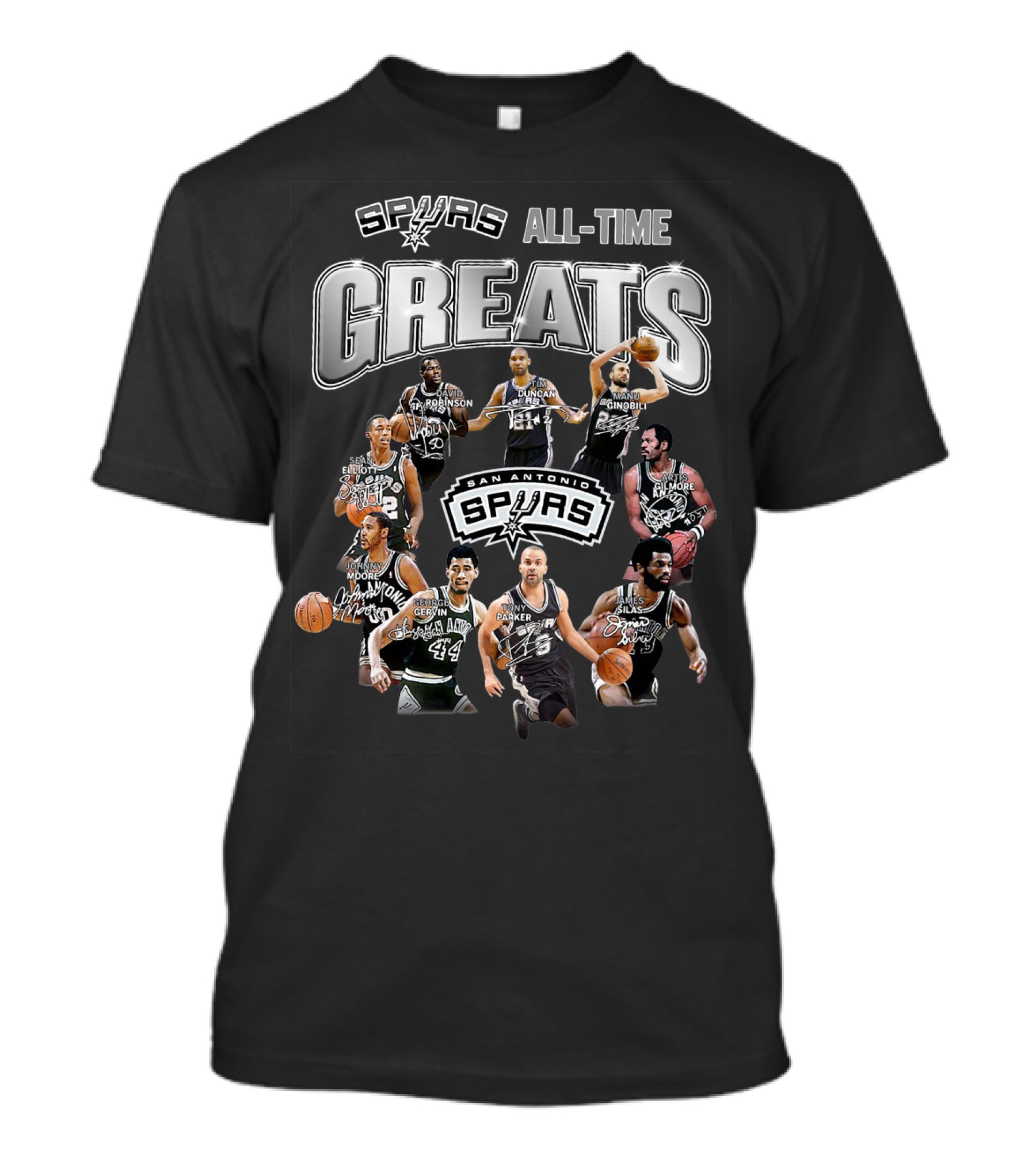 Spurs All-Time Greats San Antonio Spurs Robinson Parker Duncan Ginobili Bowen Johnson Elliott Gervin Lucas T-Shirt