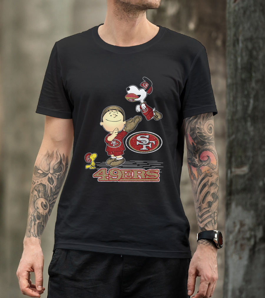 Snoopy And Woodstock With San Francisco 49ers Sf Logo In Red And Gold T-Shirt