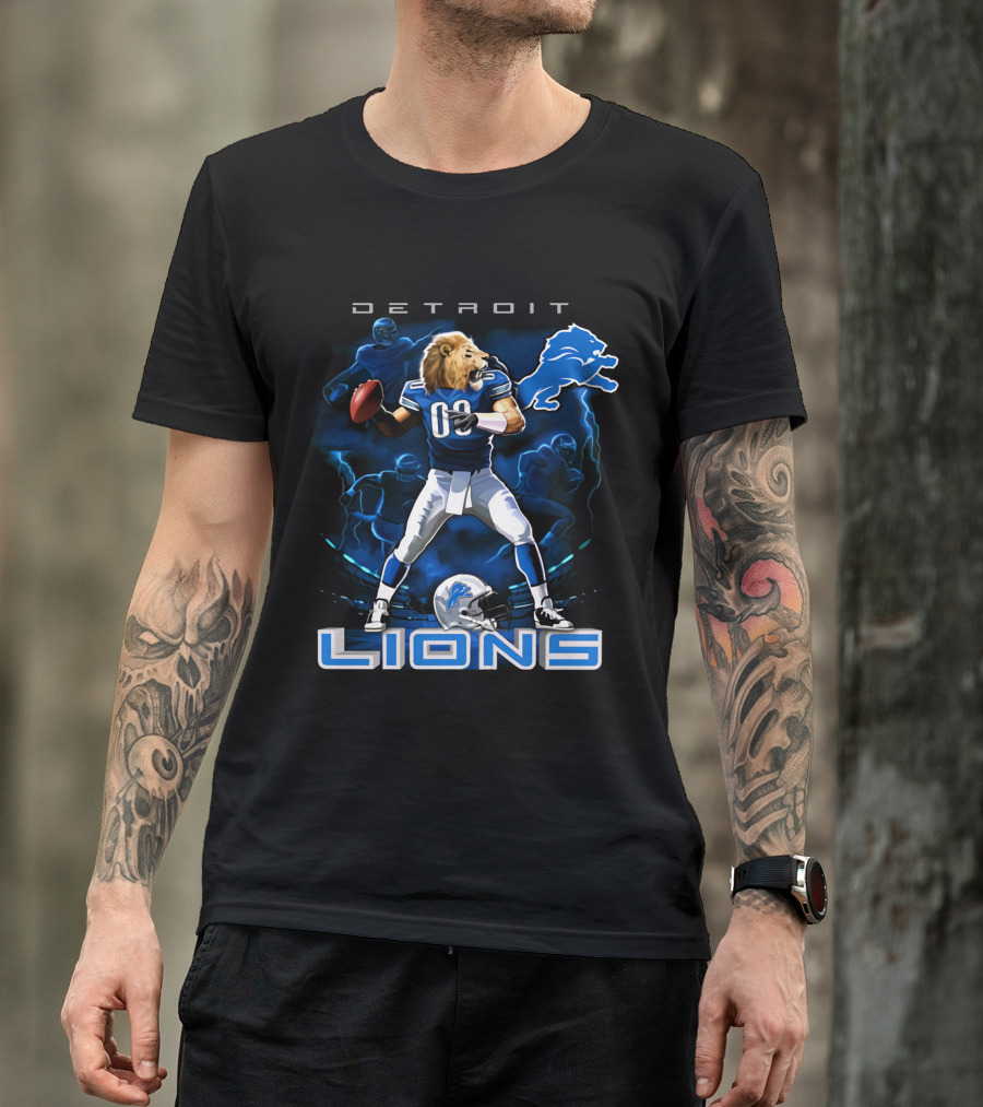 Detroit Lions Lion-Headed Quarterback Action Fantasy Scene T-Shirt