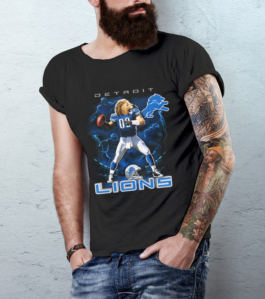 Detroit Lions Lion-Headed Quarterback Action Fantasy Scene T-Shirt