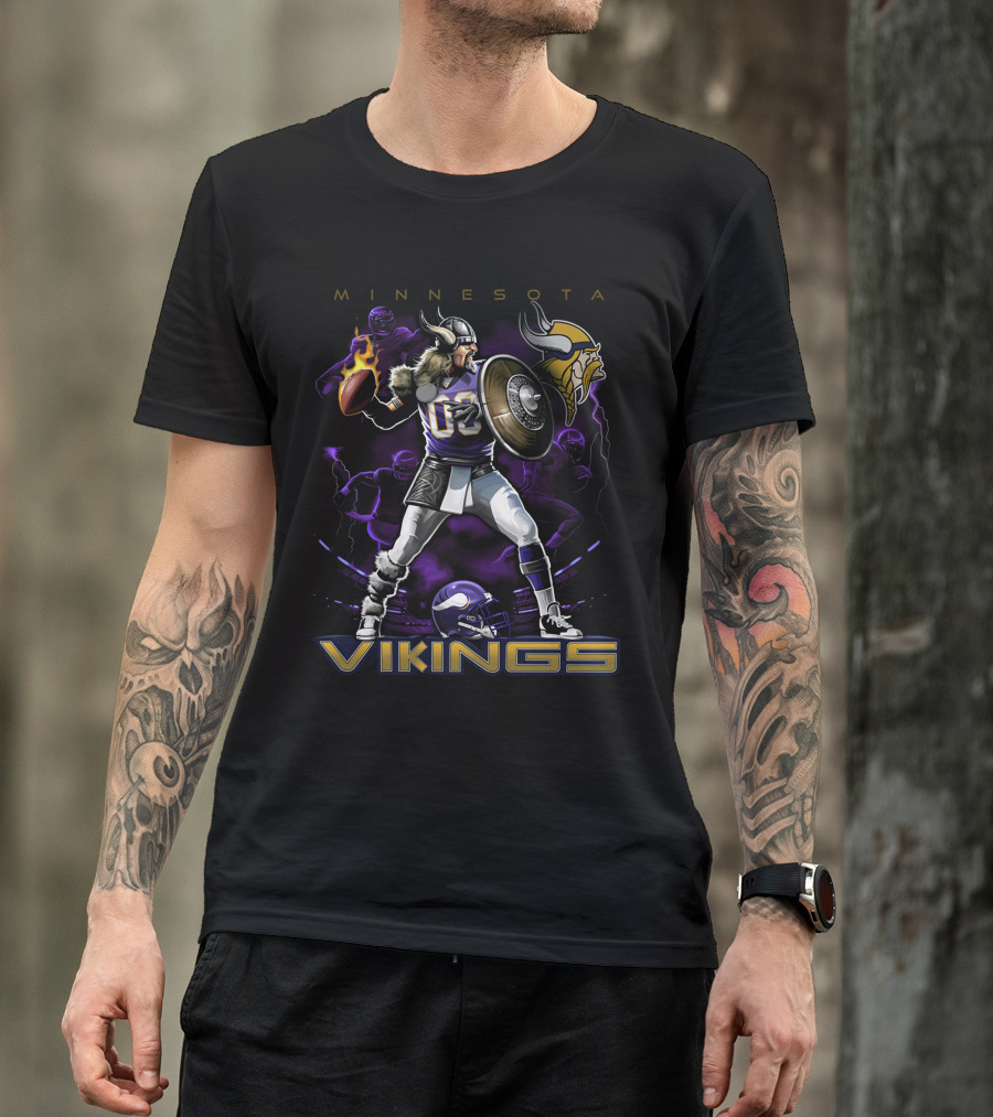 Minnesota Vikings Warrior With Football And Viking Helmet T-Shirt