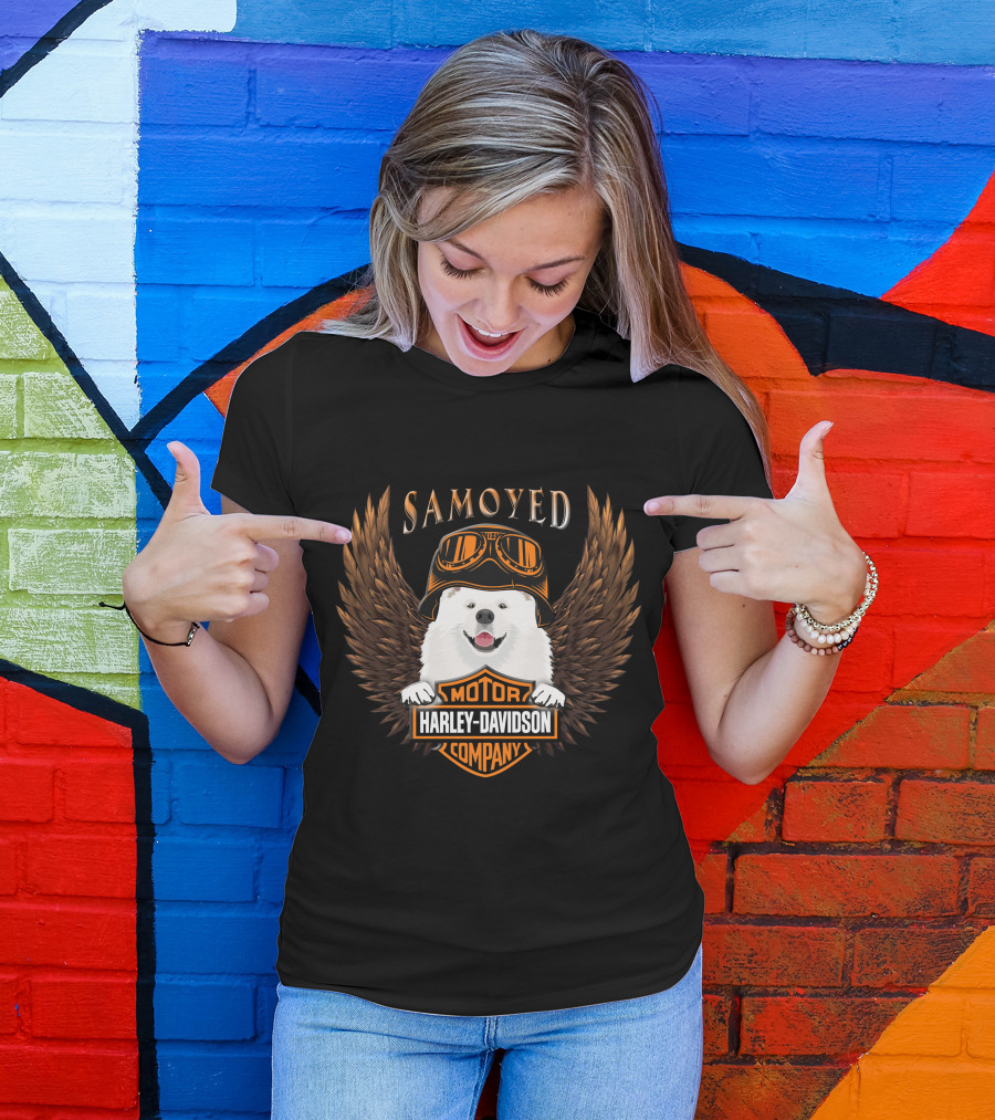 Samoyed Harley Davidson Motor Company Winged Goggles T-Shirt