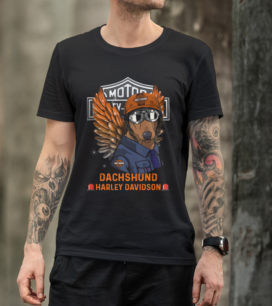 Dachshund Harley Davidson Motor City Dog Wings Helmet T-Shirt