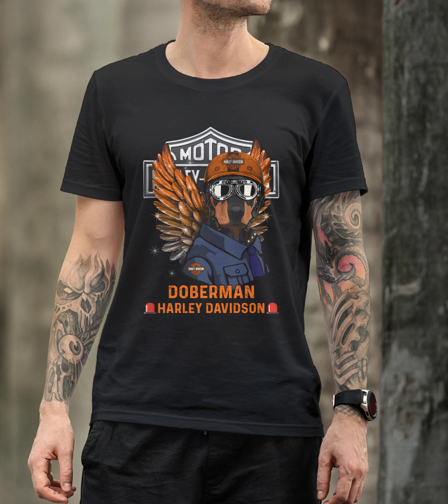 Doberman Harley Davidson Motor City Kutter Wings Helmet Goggles T-Shirt