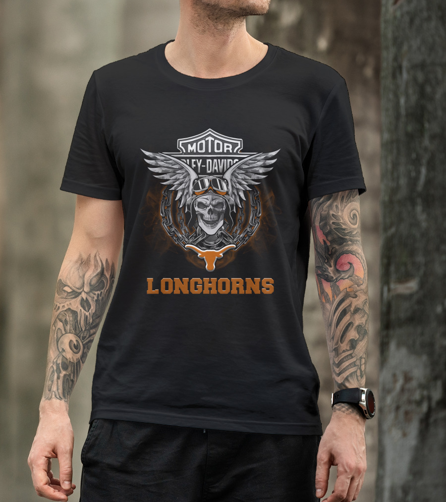 Texas Longhorns Harley Davidson Football Fans Motorcycle Skull Wings T-Shirt