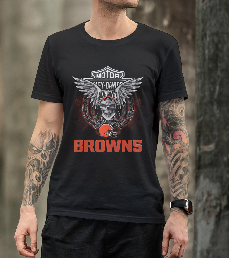 Motor Harley Davidson Browns Nfl Football Skull And Chain Helmet Wings T-Shirt