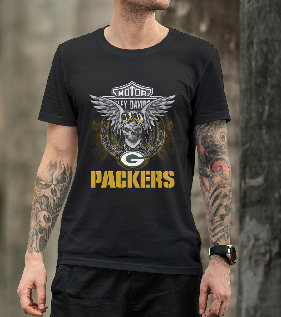 Motor Harley Davidson Green Bay Packers Wings Skull Nfl Football Fans T-Shirt