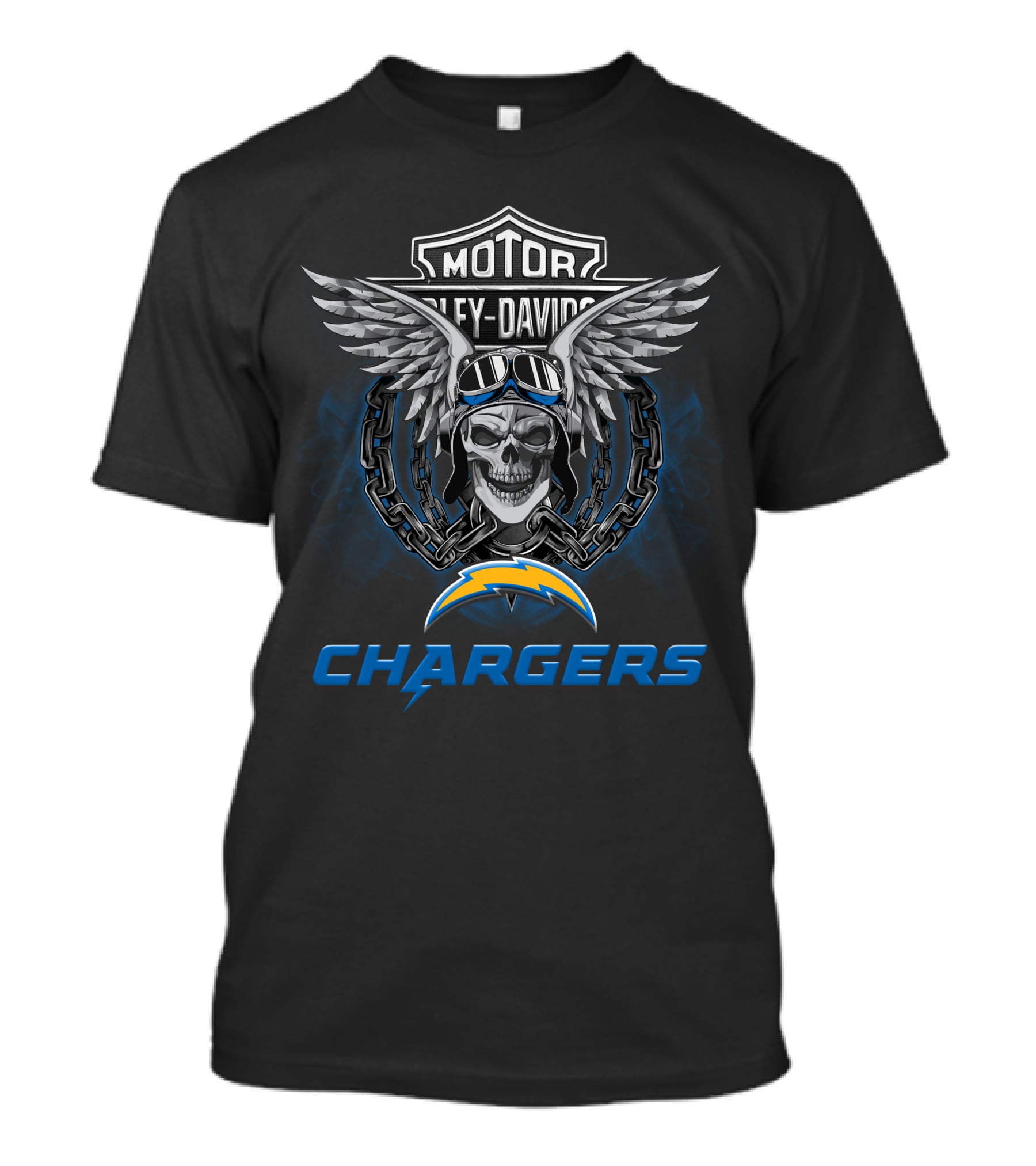 Hd Los Angeles Chargers Nfl Football Fans Harley Davidson Skull Wings T-Shirt