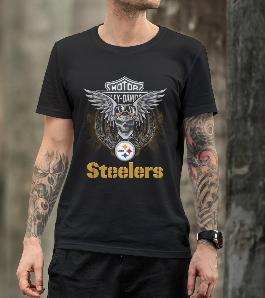 Harley Davidson Skull With Wings Steelers Logo For Nfl Football Fans T-Shirt