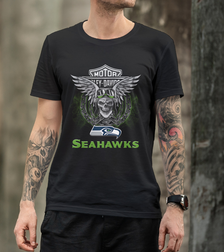 Seahawks Skull Wings Harley Davidson Nfl Football Fans T-Shirt