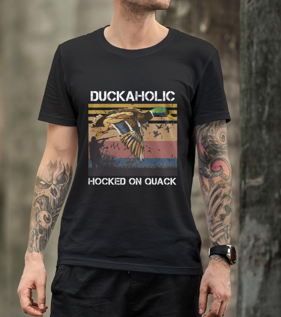 DUCKAHOLIC HOOKED ON QUACK Hunter And Flying Ducks T-Shirt