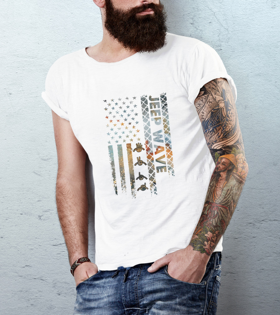 Jeep Wave American Flag Grunge Style With Hand Symbols T-Shirt
