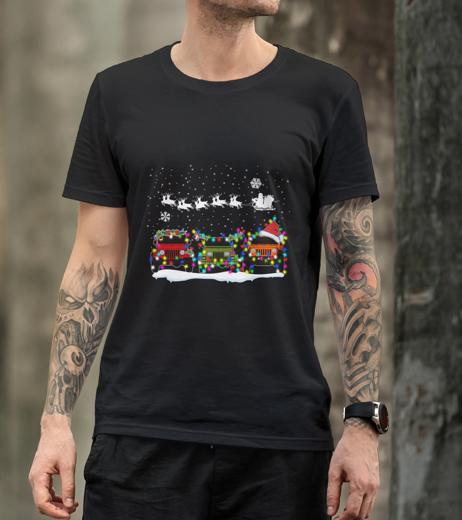 Christmas Jeep Lights With Santa Sleigh And Snowflakes T-Shirt