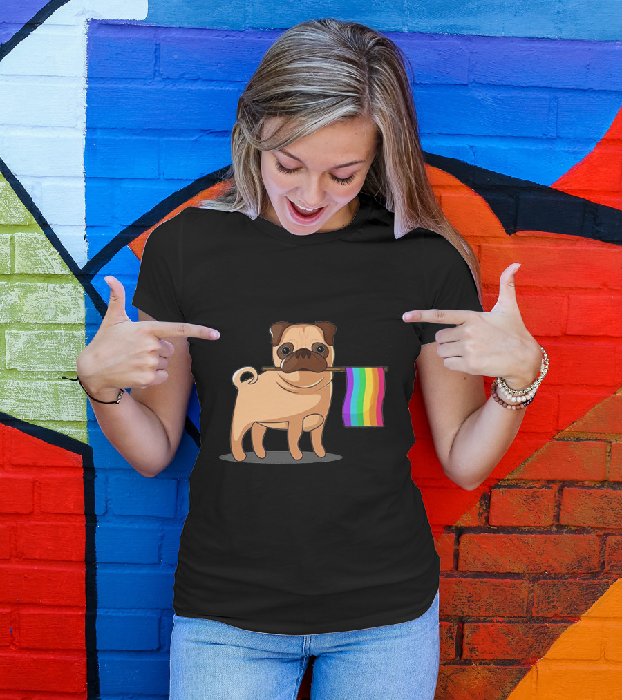 Pug Holding Rainbow Pride Flag T-Shirt