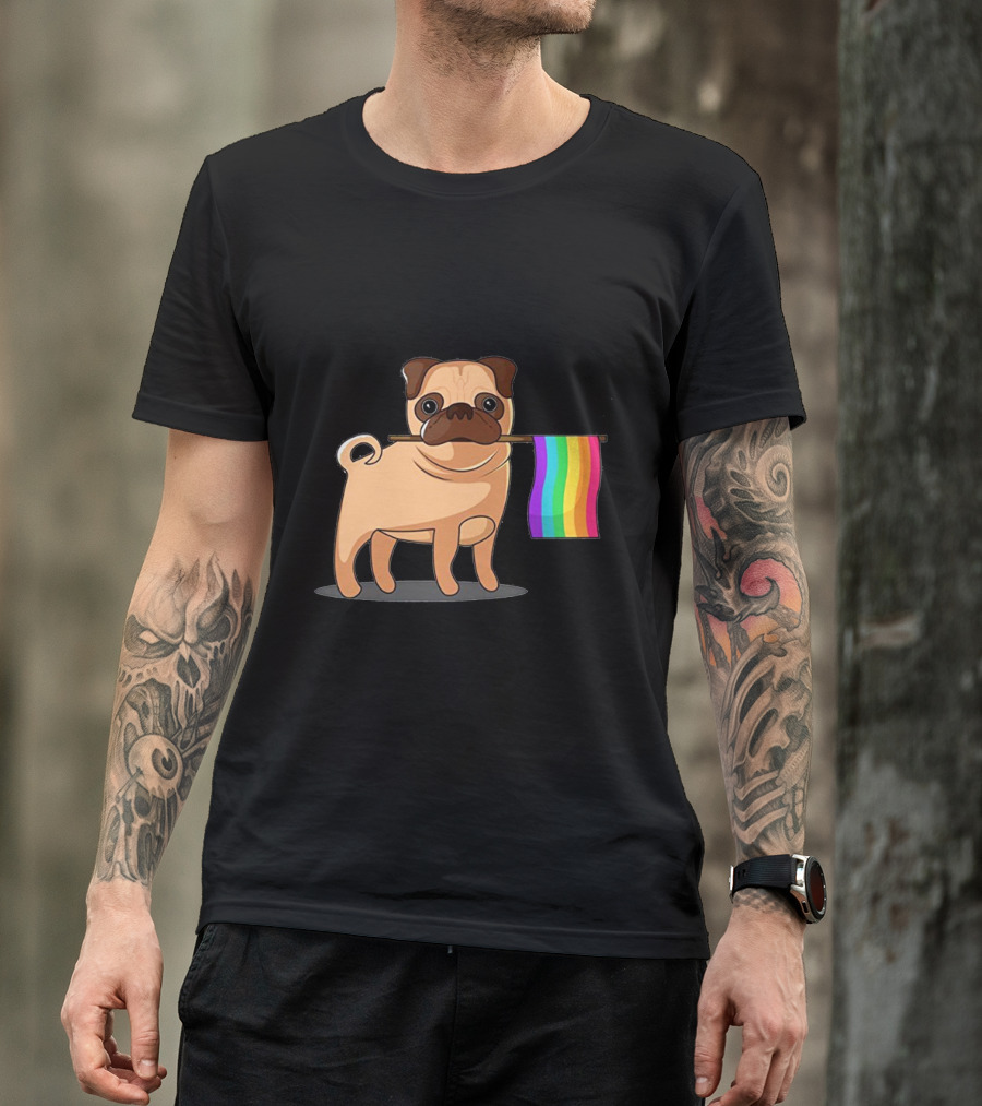 Pug Holding Rainbow Pride Flag T-Shirt